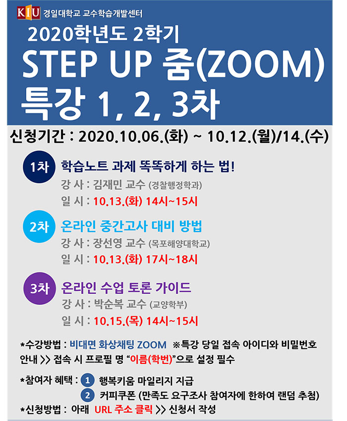 STEP UP 줌(ZOOM) 특강 1, 2, 3차 신청 안내/ 신청기간 :~10.12.(월)/14.(수)까지/1차: 학습노트 과제 똑똑하게 하는법! 강사 : 김재민교수(경찰행정학과)/일시 : 10.13(화) 14시~15시 / 2차 : 온라인 중간고사 대비 방법/강사 : 장선영 교수(목포해양대학교)/일시 : 10.13(화) 17시~18시/3차 : 온라인 수업 토론 가이드/강사 : 박순복 교수(교양학부)/일시 : 10.15(목) 14시~15시/*특강방법: 비대면 화상채팅 ZOOM 
※ 특강 당일 Zoom 회의 참가 URL 아이디와 암호 문자 안내 >> 접속 시, 프로필명을 [이름(학번)]으로 설정 필수!(참석여부 확인을 위함)
※참석여부 확인이 안 될 시, 행복키움 마일리지가 지급되지 않습니다.

*참여자 혜택
1. 각 특강 당 행복키움 마일리지 1만점 지급
2. 커피쿠폰 랜덤 추첨 증정(만족도 요구조사 참여자에 한함)
※특강 종료 후, 만족도 요구조사 설문지 URL을 문자로 발송해 드립니다. 적극적인 참여 부탁드립니다^^ 