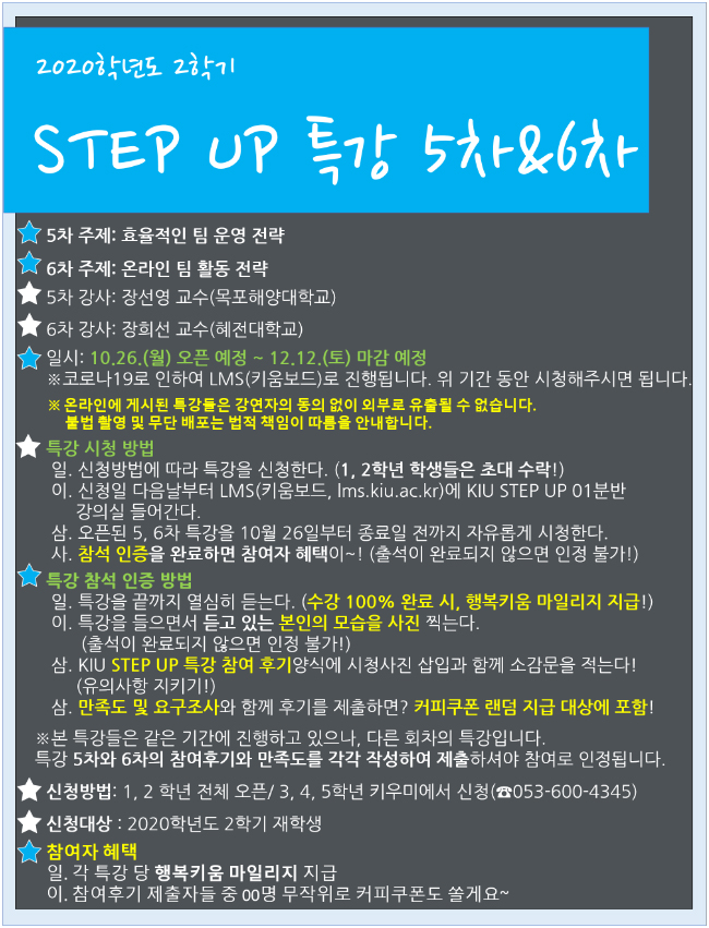 2020학년도 2학기 STEP UP 특강 5차&6차/ 5c차 주제 : 효율적인 팀 운영 전략, 6차 주체:온라인 팀 활동 전략/5차 강사 : 장선영 교수(목포해양대학교)/6차 강사 : 장희선 교수(혜전대학교)/일시 : 10.26(월) 오픈 예정~12.05(토) 마감 예정/코로라19로 인하여 LMS(키움보드)로 진행됩니다. 위 기간 동안 시청해주시면 됩니다. 온랑니에 게시된 특강들은 강연자의 동의 외부로 유출될 수 없습니다. 불법 촬영 및 무단 배포는 법적 책임이 따름을 안내합니다. 특강 시청 방법. 일. 신청방법에 따라 특강을 신청한다(1,2학년 학생들은 초대 수락!)이.신청일 이다음날부터 LMS(키움보드, lms.kiu.ac.kr)에 KIU STEP UP 01분반 강의실 들어간다. 삼. 오픈된 5,6차 특강을 10월 26일부터 종료일 전까지 자유롭게 시청한다. 사. 참석 인증을 완료하면 참여자 혜택이~!(출석이 완료되지 않으면 인정 불가!)/특강 참석 인증 방법. 일. 특강을 끝까지 열심히 듣는다. (수강 100% 오나료 시, 행복키움 마일리지 지급!) 이. 특강을 들으면ㄴ서 듣고있는 본인의 모습을 사진 찍는다. (출석이 완료되지않으면 인정 불가!) 삼. KIU STEP  UP 특강 참여 후기양식에 시청사진 삽입과 함게 소감문을 적는다!(유의사항 지키기!). 사. 만족도 및 요구조사와 함게 후기를 제출하면? 커피쿠폰 랜덤 지급 대상에 포함! 본 특강들은 같은 기간에 진행하고 있으나, 다른 회차의 특강입니다. 특강 5차와 6차의 참여후기와 만족도를 각각 작성하여 제출하여야 참여로 인정됩니다. 신청방법 : 1,2학년 전체 오픈/3,4,5학년 키우미에서 신청(053-600-4345) 신청대상 : 2020학년도 2학기 재학생, 참여자 혜택. 일. 각 특강 당 행복키움 마일리지 지급. 이. 참여후기 제출자들 중 00명 무작위로 커피쿠폰도 쏠게요~