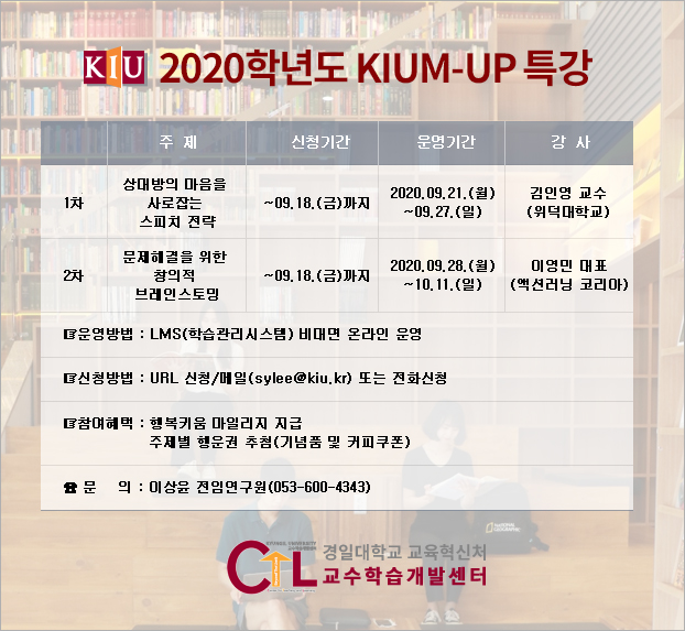 2020학년도 KIUM-UP 특강/주제,신청기간, 운영기간, 강사의 순으로 특강안내를 나타낸 표입니다.