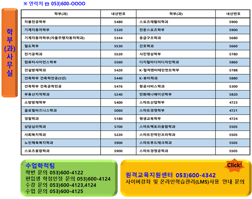 수강상담 안내(학부(과) 사무실 번호 안내)